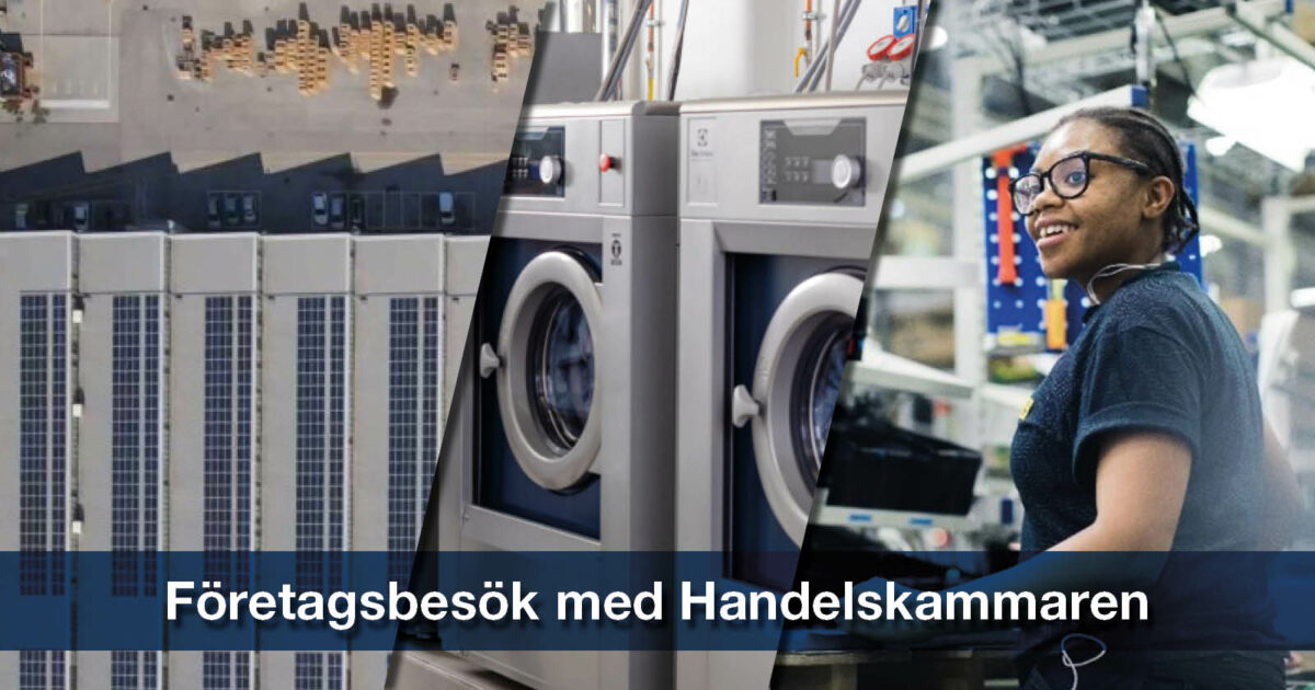 Bildkollage med Electroluxs produkter. Bildtext: Företagsbesök med Handelskammaren