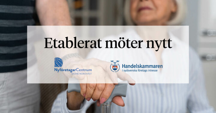 Bilden visar ett par som håller händer över en käpp. Text: Etablerat möter nytt