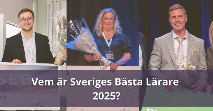 En collagebild med tre personer med blombuketter som ser glada ut. På bilden står texten Vem är Sveriges bästa lärare 2025?