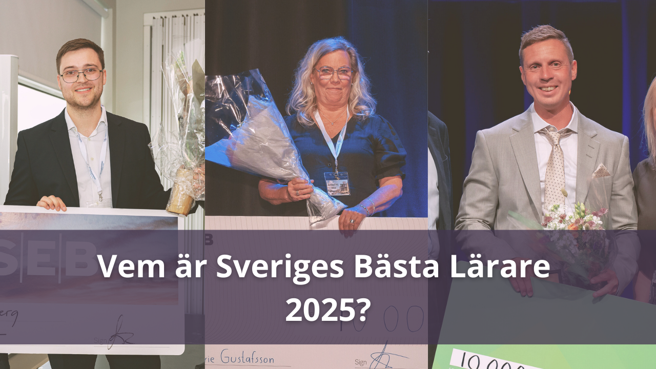 En collagebild med tre personer med blombuketter som ser glada ut. På bilden står texten Vem är Sveriges bästa lärare 2025?