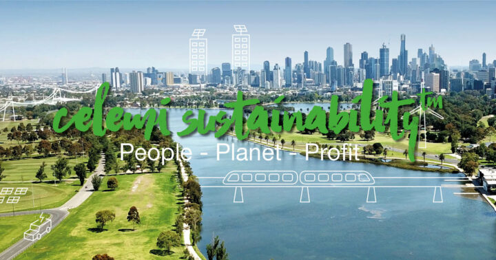 Landskapsbild med texten: Celemi Sustainability - People, Planet, Profit