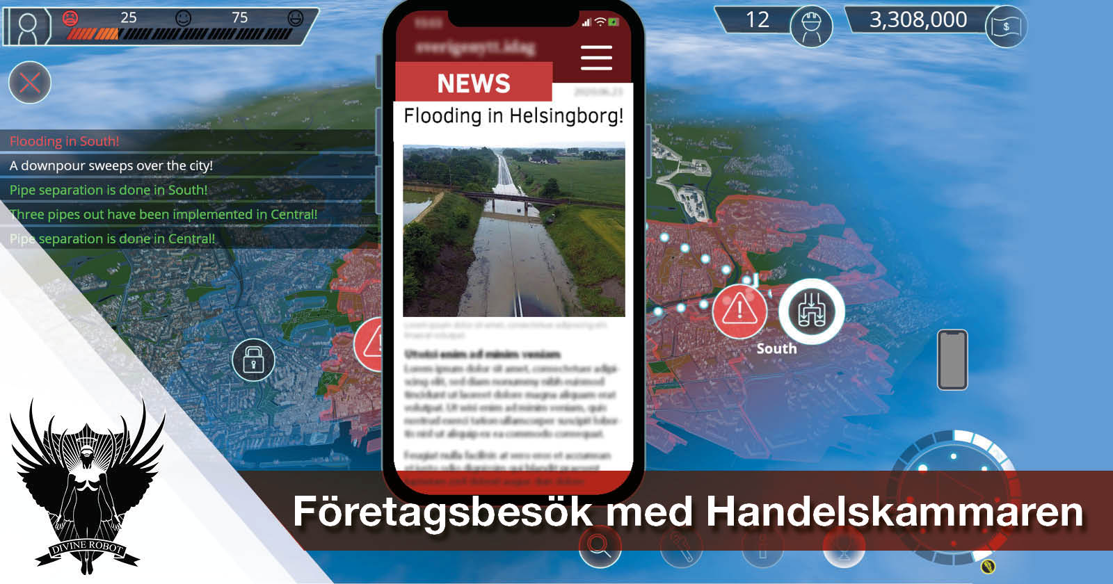 BIlden visar en skärmdump av spelet WasteWater. I bakgrunden ser man en kartmiljö mer flera parametrar. Logotyp: Divine Robot