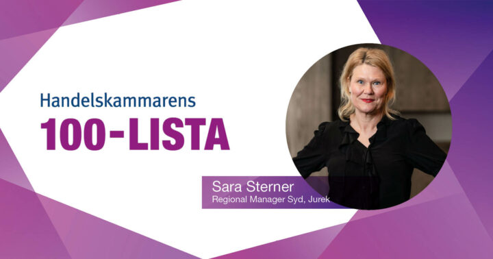 Bild på föreläsaren Sara Sterner med texten Handelskammarens 100-lista Sara Sterner regional manager Syd Jurek.