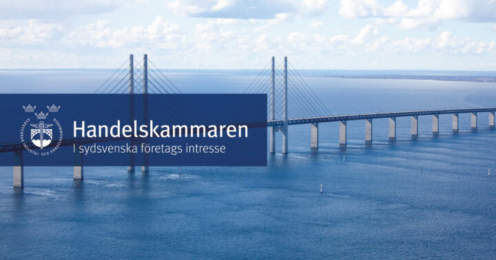Öresundsbron med Handelskammarens logga i en mörkblå box