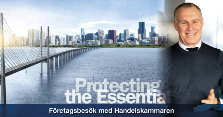 Bild på en bro som går vatten till en storstad med skyskrapor samt infälld bild på Konscernchefen Peter Nilsson.
