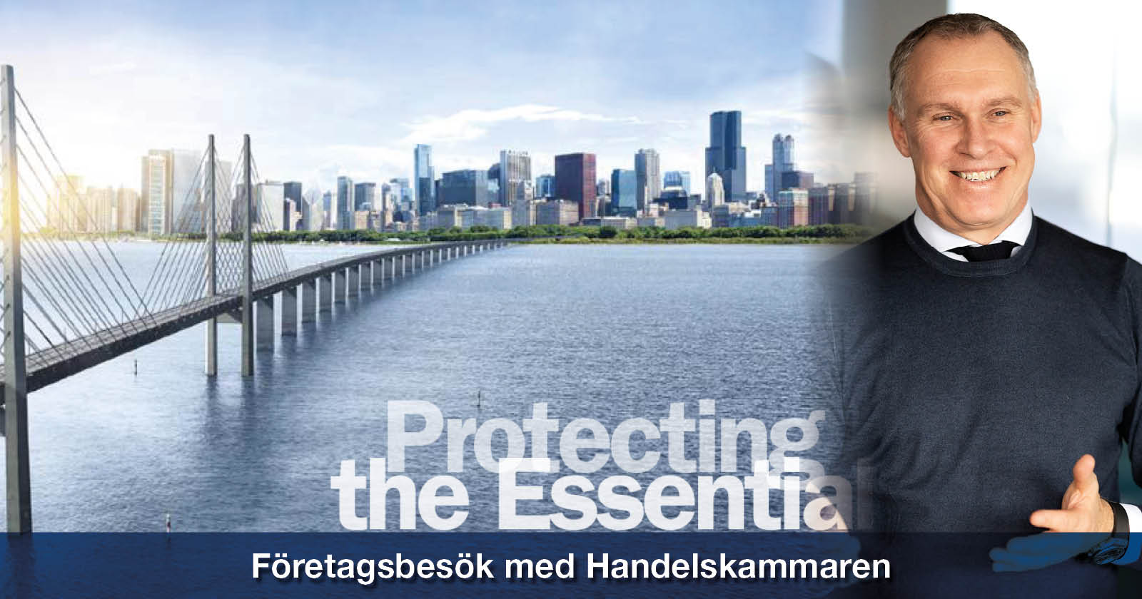 Bild på en bro som går vatten till en storstad med skyskrapor samt infälld bild på Konscernchefen Peter Nilsson.