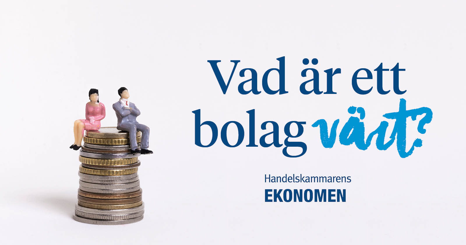 I bilden finns det en text där det står "Vad är ett bolag värt?". Under denna är det en logga där det står "Handelskammarens EKONOMEN". Detta är ett nätverk hos Handelskammaren för Ekonomer. Till vänster om texten är det en bild på en pengahög. Uppe på högen sitter det en man och en kvinna. Mannen bär en kostym och har armarna i kors. Kvinnan har en rosa klänning.