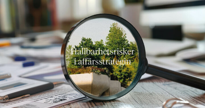 Ett förstoringsglas på ett skrivbord. I glaset ser man grönska med orden: Hållbarhetsrisker i affärsstrategin.