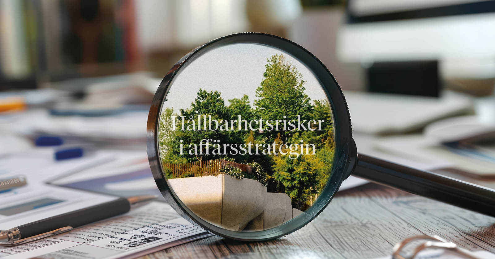 Ett förstoringsglas på ett skrivbord. I glaset ser man grönska med orden: Hållbarhetsrisker i affärsstrategin.