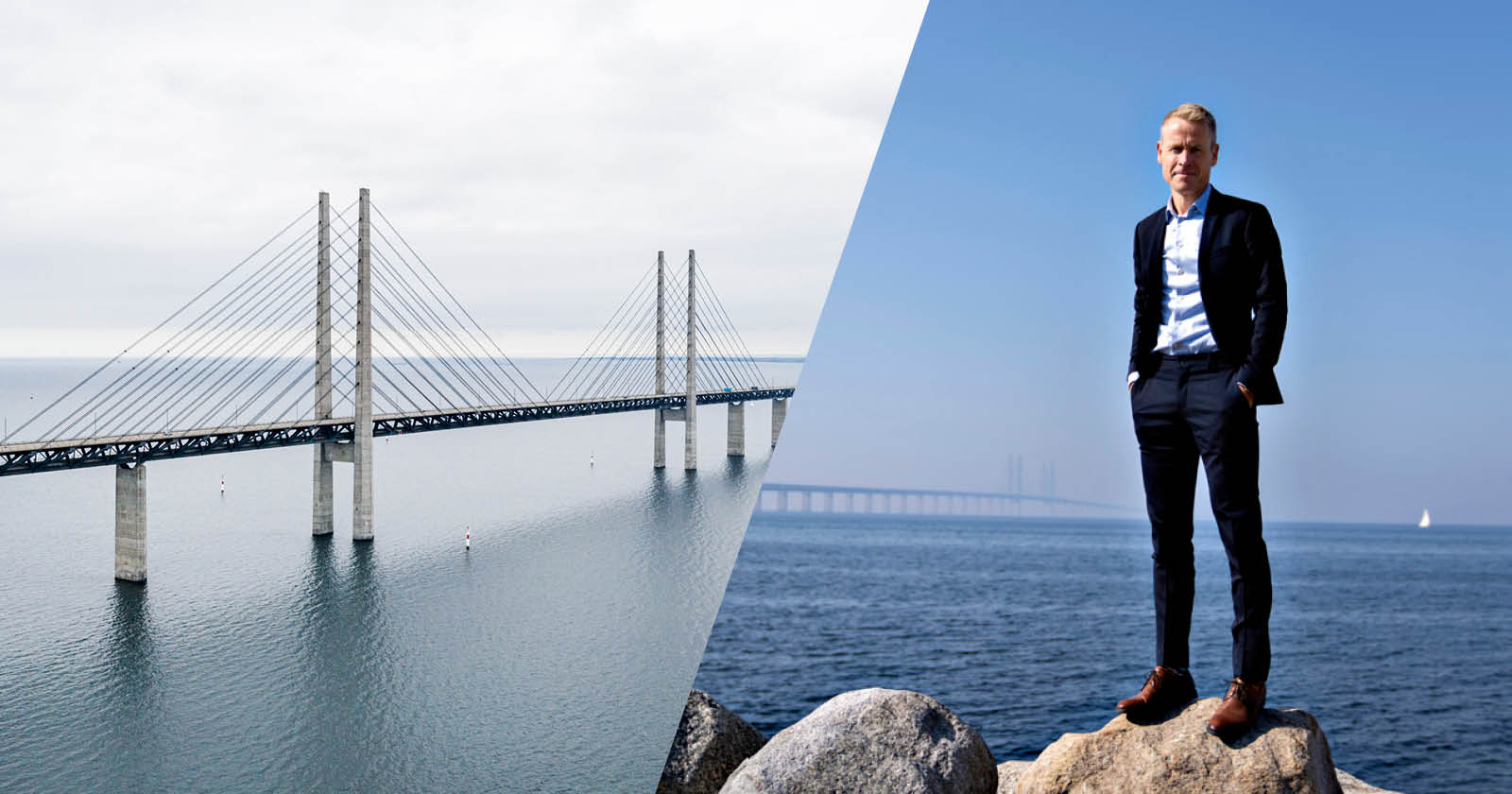 Bilden visar till höger en bild på öresundsbron. Till vänster står Öresundsbrons VD Linus Eriksson