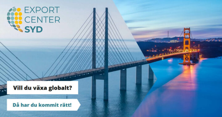 Bilden visar Ösredunsbron som går över till golden gatebron. På bilden står det "Vill du växa globalt? Då har du kommit rätt!"