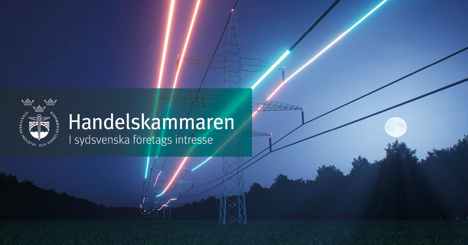 Bilden visar elkablar som lyser i neonfärger i månljus. Till vänster finns en turkos fyrkant med Handelskammarens logga