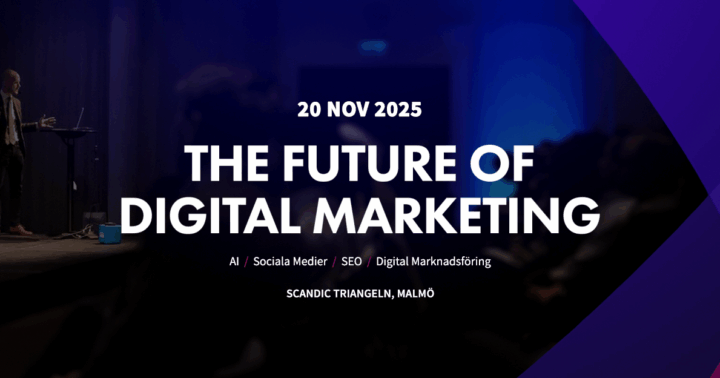 En blå bild med lite rosa/lila i ena hörnet. I bilden står det The Future of Digital Marketing!