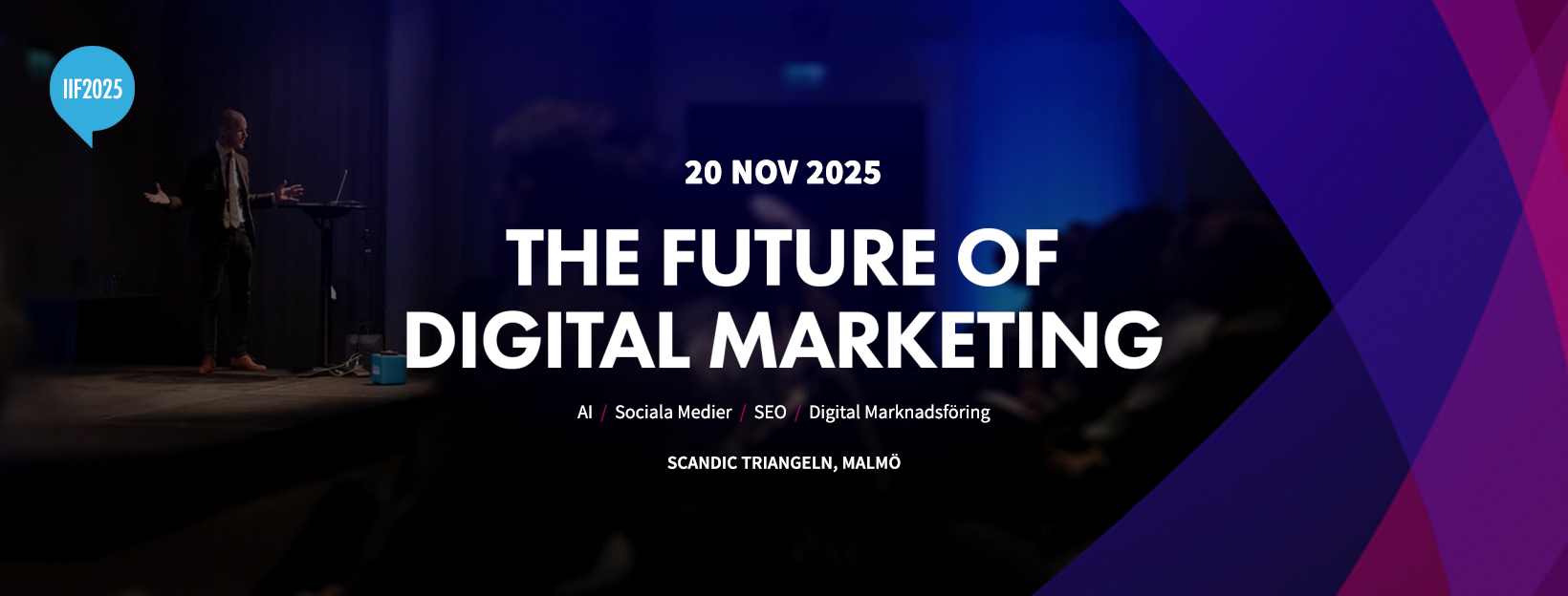 En blå bild med lite rosa/lila i ena hörnet. I bilden står det The Future of Digital Marketing!