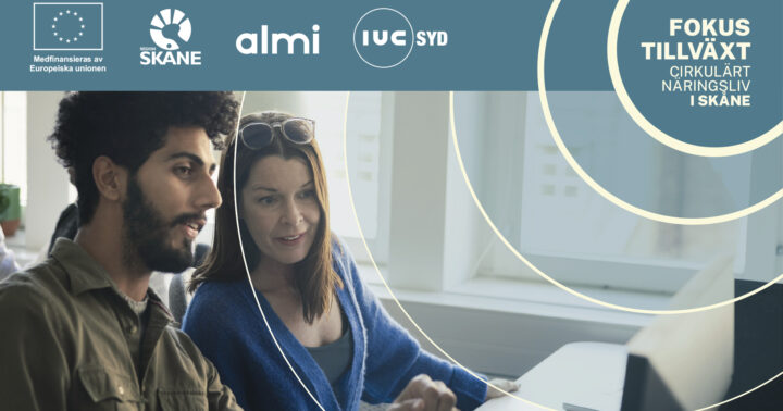 Bild av två personer och en text där det står fokus tillväxt cirkulärt näringsliv i Skåne