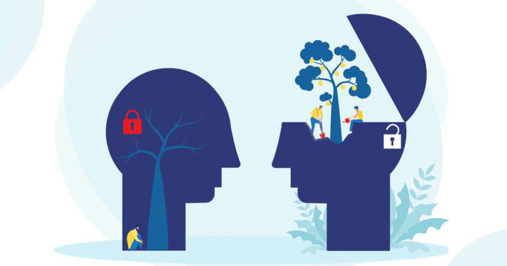 Bilden beskriver två huvud och är till en utbildning i Psykologisk trygghet.