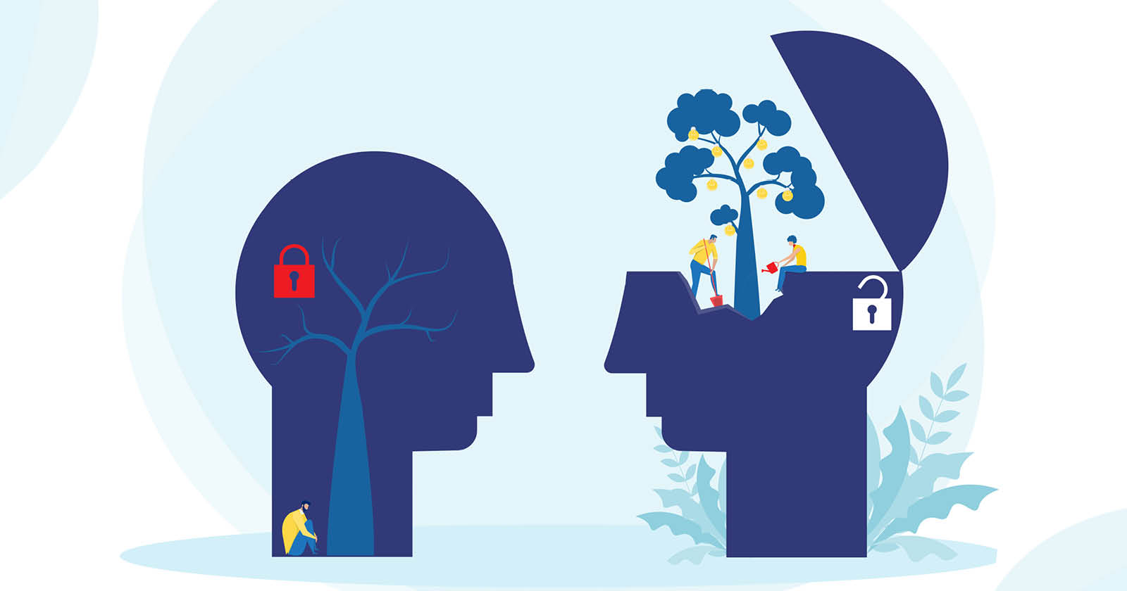 Bilden beskriver två huvud och är till en utbildning i Psykologisk trygghet.