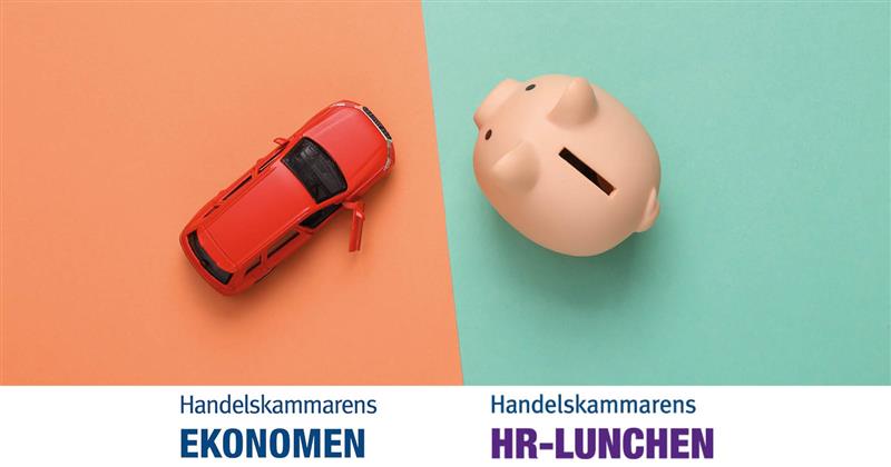 Bilden är till event som handlar om förmåner för våra nätverk Ekonomen och HR-lunchen. På ena halvan av bilden hittar du en spargris och på andra en bil.