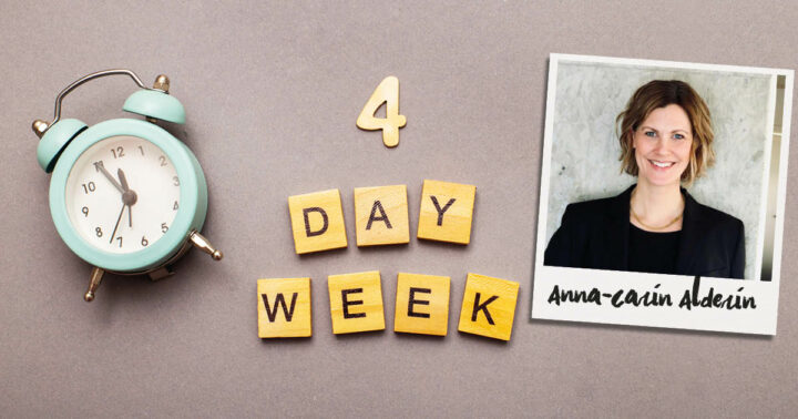 I bilden finns en klocka, texten 4 Day Week som är det koncept eventet handlar om samt en bild på föreläsaren.