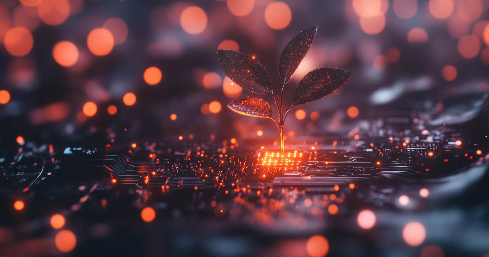 En bild på teknik och en växt som växer upp. Röd skimrande