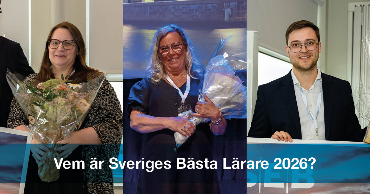 Bilden visare tre tidigare vinnare av utmärkelsen Sveriges bästa lärare. Bildtext: Vem är Sveriges bästa lärare 2026?