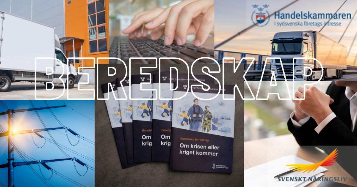 blandade bilder med bla Beredskapsboken för kris och en del naturbilder från tex stranden. Handelskammarens logga samt Svenskt Näringslivs logga.