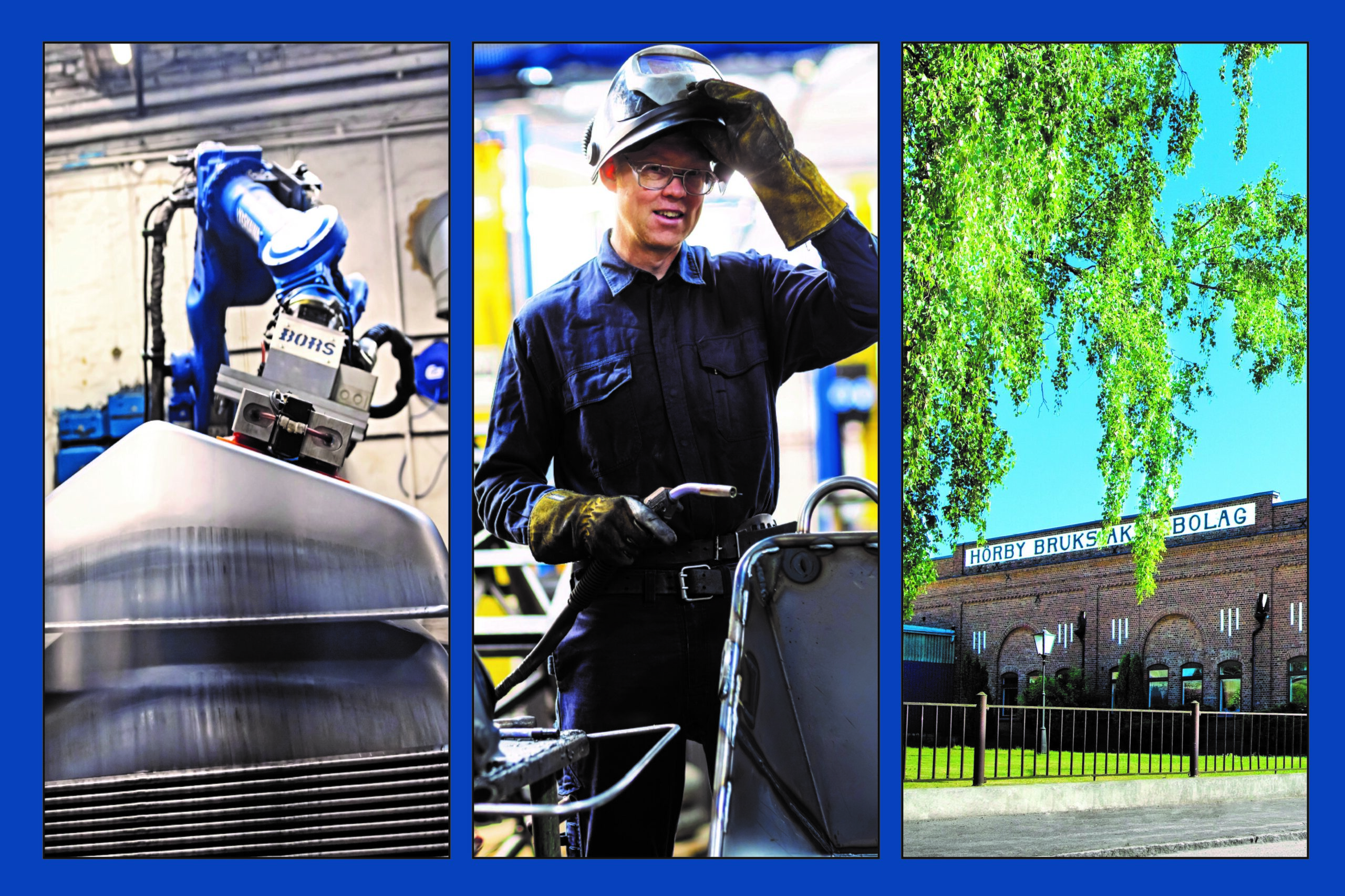 tre sammansatta bilder från Hörbybruk, en med en maskin, en med en medarbetare och en på fabriken