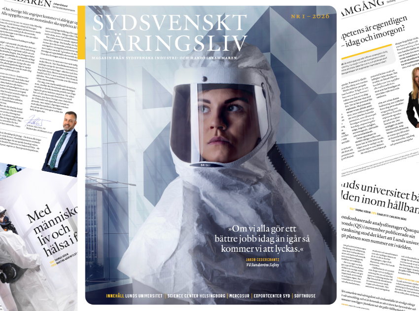 Framsida på tidningen Sydsvenskt Näringsliv, omgiven av utdrag på artiklar.