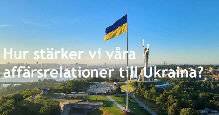 Bild över en stad i Ukraina. Frihetsgudinnan och Ukrainas flagga finns med i bilden.
