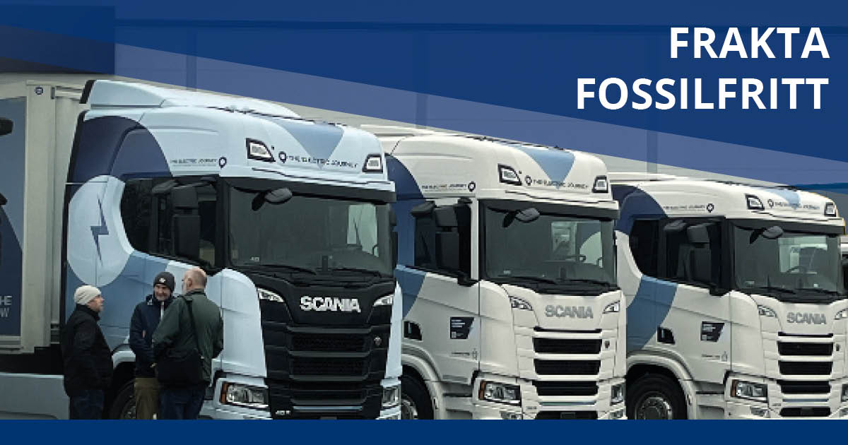 Lastbilar på rad med text frakta fossilfritt
