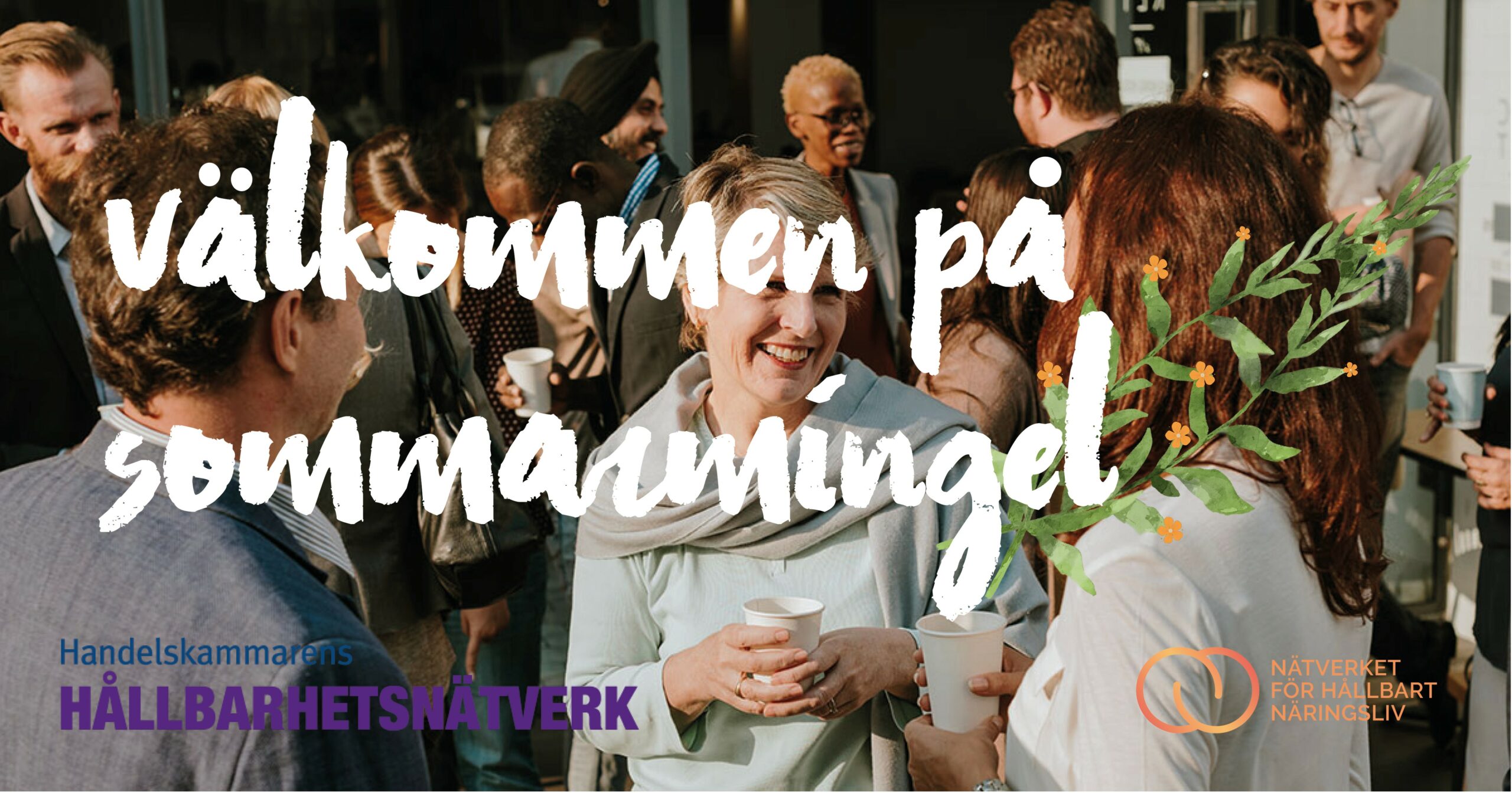 Folk som minglar med texten "Välkommen på sommarmingel"
