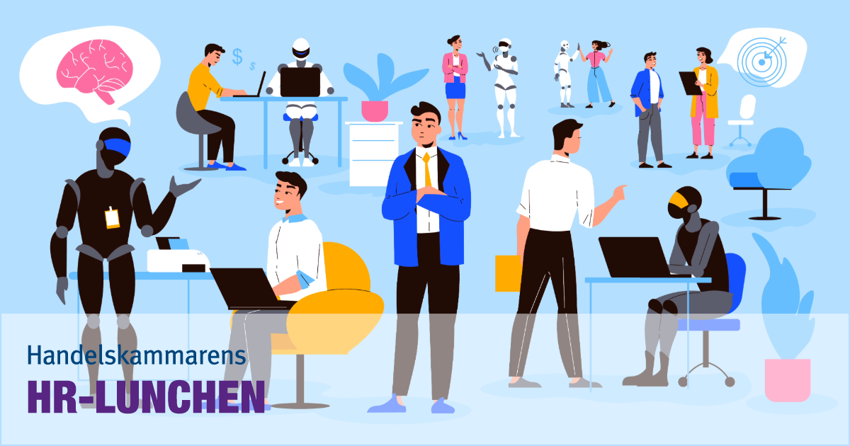 Bilden är till vårt nätverk HR-lunchen. Temat är AI agenter och HR och i bilden syns robotar och människor.