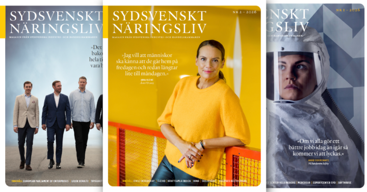 Bild på tre magasin av tidningen Sydsvenskt Näringsliv överlappande varandra
