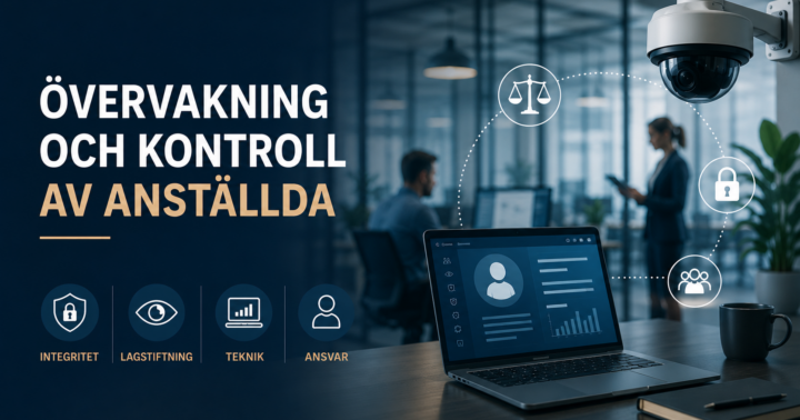 Bilden är AI-genererad. Bilden är till ett event den 20 oktober. I bilden finns en övervakningskamera, en dator och en medarbetare. Bilden är till eventet: Övervakning och kontroll av anställda: Vad får arbetsgivare egentligen göra och var går gränsen?