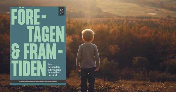 En bild på rapporten "Företagen & Framtiden" samt en pojke som tittar på solnedgången.