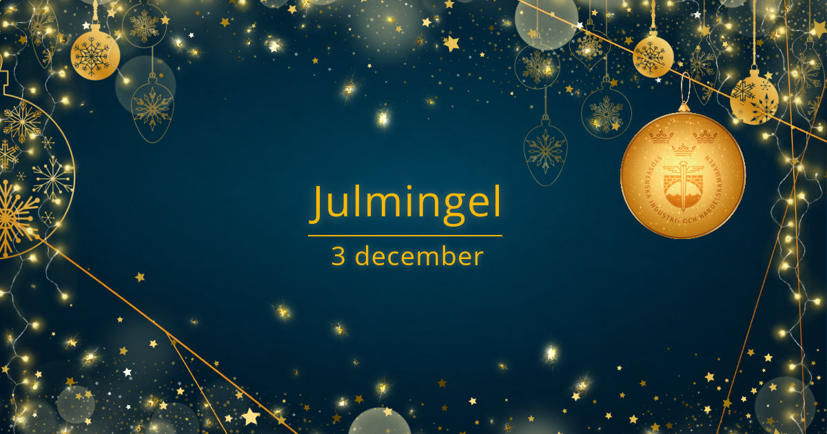 Bilden är blå i botten och i bilden finns många julkulor i olika färger. I mitten av bilden står det Julmingel 3 december. Bilden är till vårt julmingel på HAndelskammaren, Handelskammarens logga syns även i en julkula.