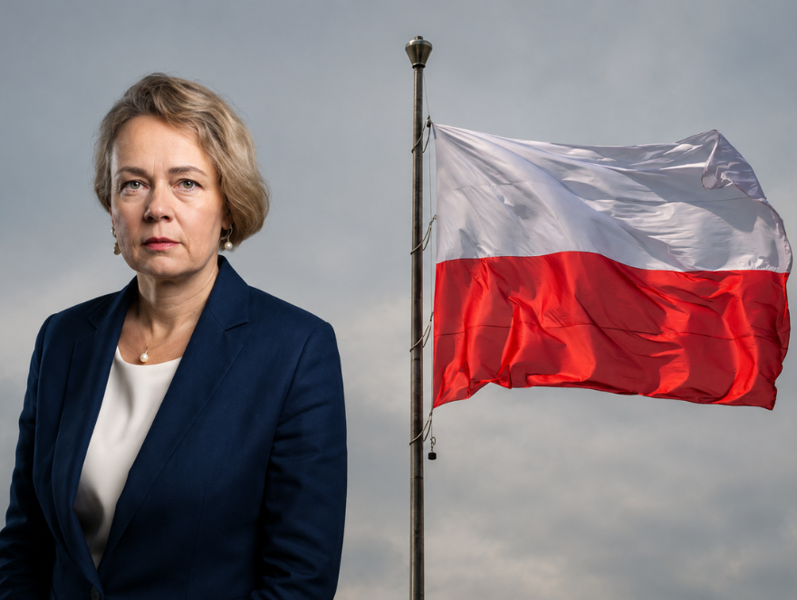 Polens ambassadör står bredvid den polska flaggan