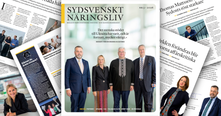 Omslaget av Sydsvenskt Näringsliv nummer 3 år 2026, tillsammans med utdrag från artiklar som finns med.