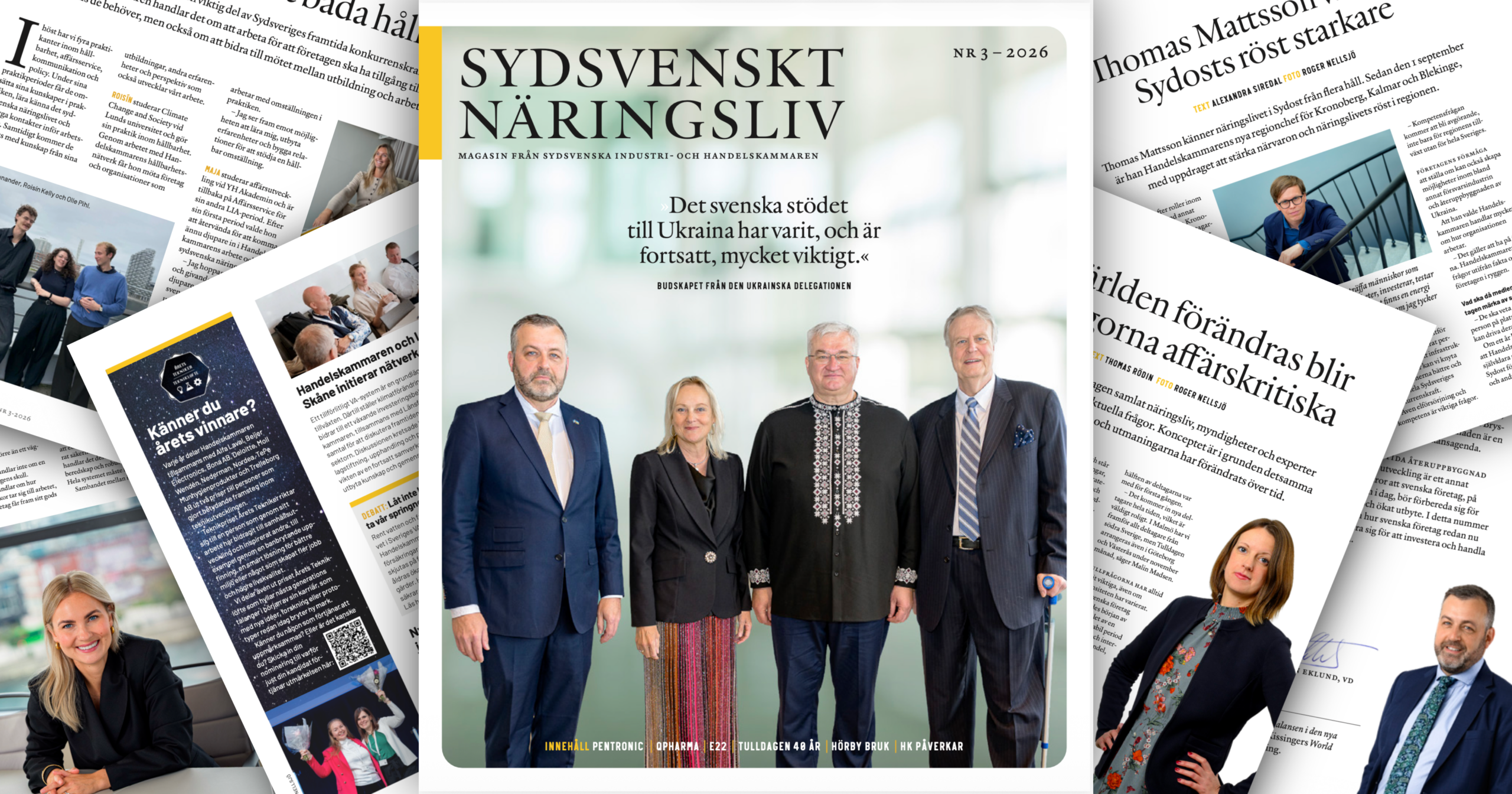 Omslaget av Sydsvenskt Näringsliv nummer 3 år 2026, tillsammans med utdrag från artiklar som finns med.